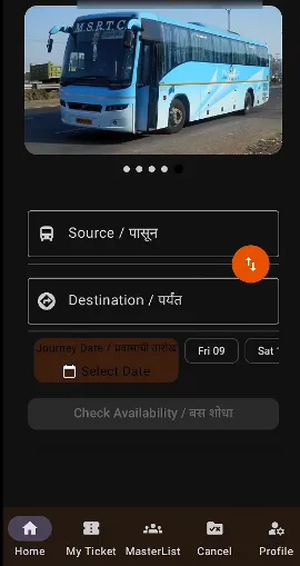 MSRTC Bus Reservation App Source and destination select