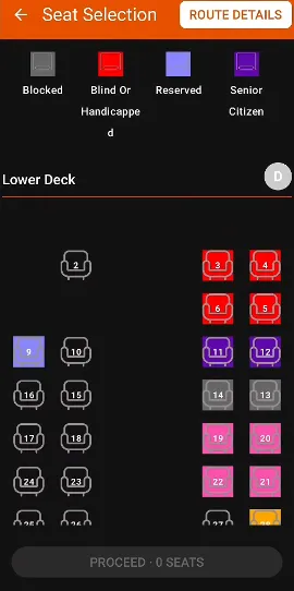 MSRTC Bus Reservation App seat selection